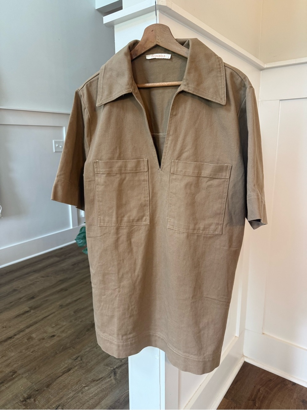Beige Short-Sleeve Collared Tunic with Front Pockets